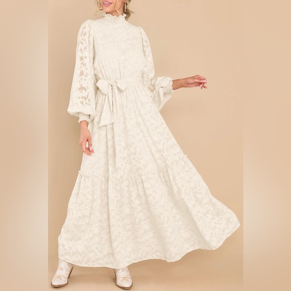 Cream Long Sleeve Maxi Dress with Waist Tie - Picture 4 of 5